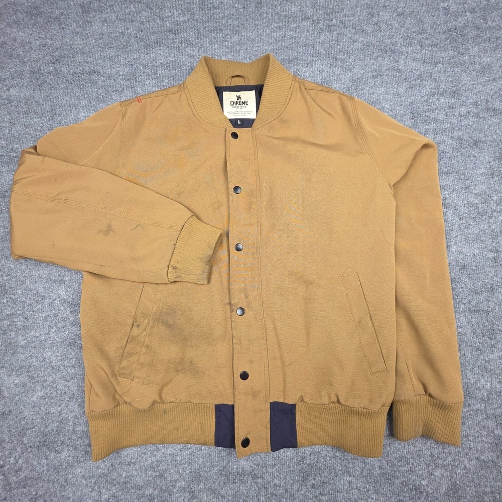 Chrome Industries Full Zip Bomber Jacket Men's Large Beige Snap *STAINED* Cycle